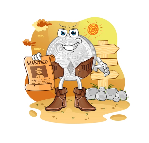 Ethereum coin cowboy with wanted paper. cartoon mascot vector