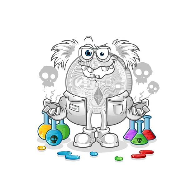 Ethereum coin mad scientist illustration. character vector