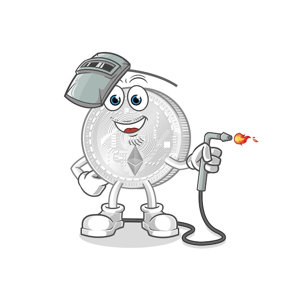 Ethereum coin welder mascot. cartoon vector