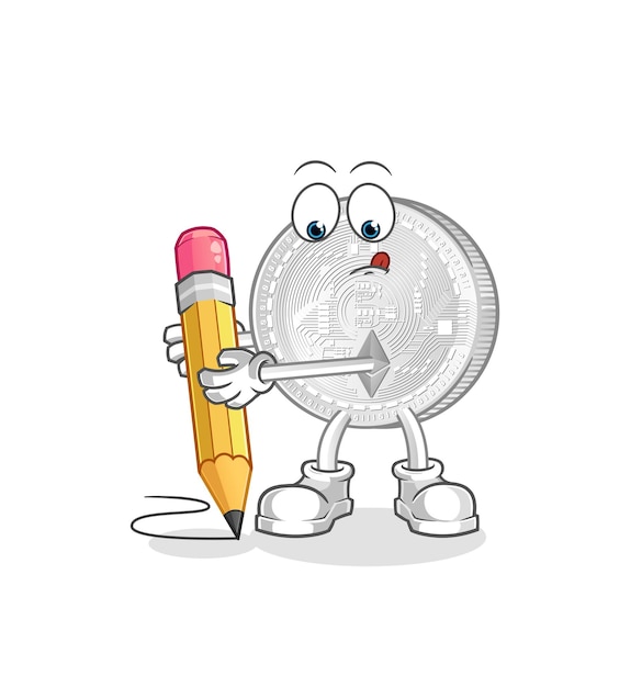 Vector ethereum coin write with pencil. cartoon mascot vector