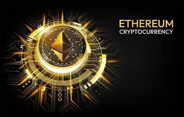 Цифровая криптовалюта Ethereum на фоне печатной платы