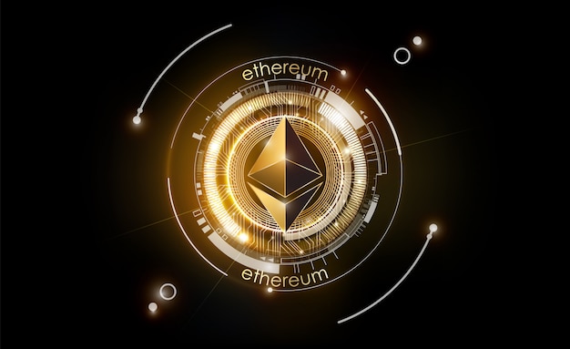 Цифровая валюта Ethereum, футуристические цифровые деньги, золотая технология, концепция всемирной сети