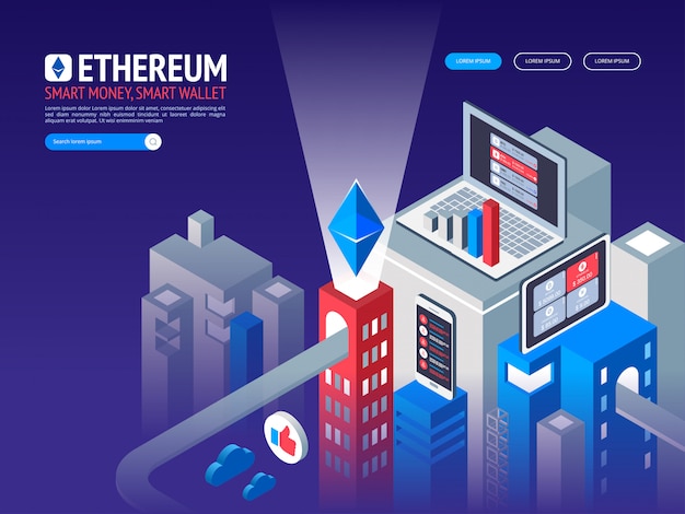 Vector ethereum digital currency. futuristic digital money. isometric technology worldwide network concept.