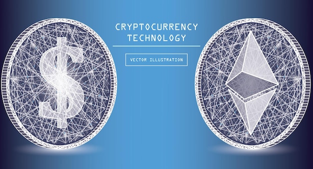 Вектор Векторные иконки и символы цифровой валюты ethereum. монеты токенов криптовалюты с символами эфириума и доллара. одноранговая сеть цифровая платежная система. концепция блокчейн.