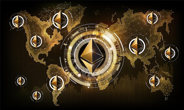 Valuta digitale di ethereum sulla mappa mondiale della tecnologia futuristica dell'oro del denaro digitale rete mondiale