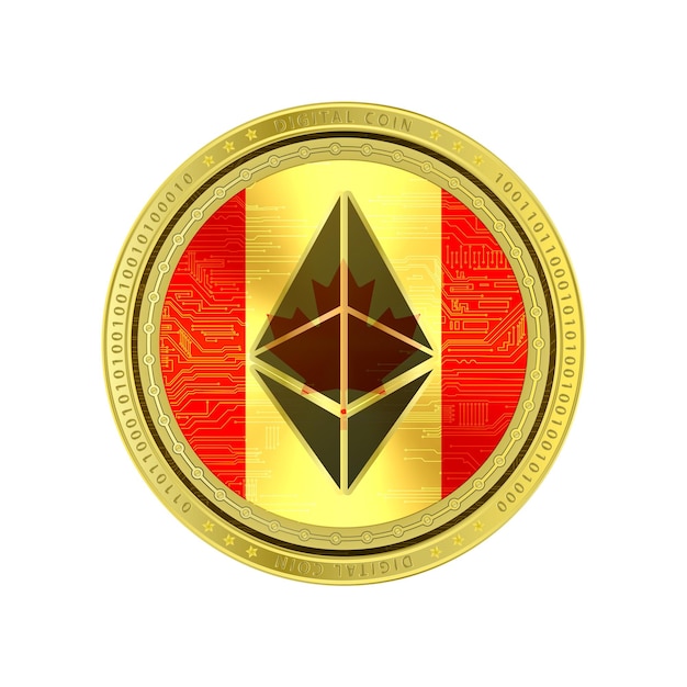 Ethereum eth coin born from canada flag in middle cryptocurrency blockchain digital currency.