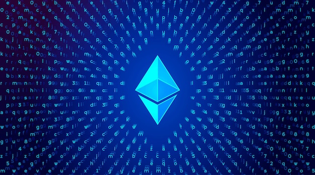 어두운 다각형 배경에 Ethereum ETH cryptocurrency 토큰 기호