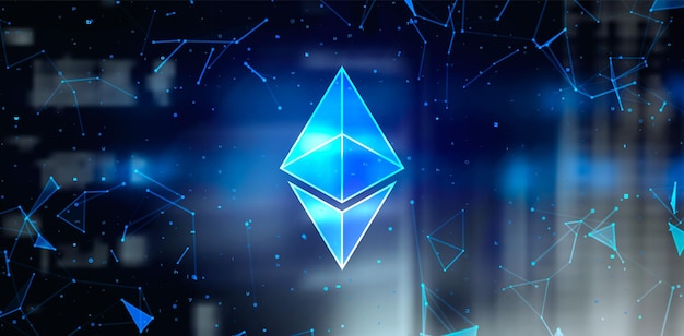 Символ токена криптовалюты Ethereum ETH на темном полигональном фоне