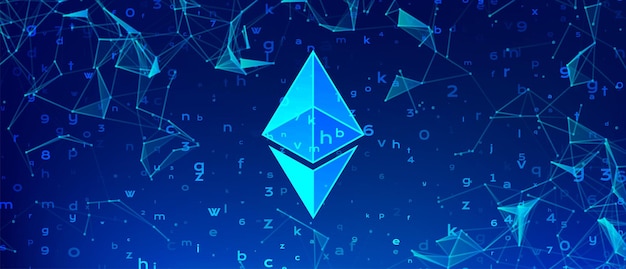 어두운 다각형 배경에 Ethereum ETH cryptocurrency 토큰 기호