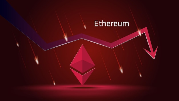 Ethereum eth в нисходящем тренде и цена падает на темно-красном фоне символ монеты криптовалюты и красная стрелка вниз с падающими метеорами торговый кризис и крах