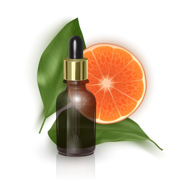 Etherische olie met sinaasappelschijfje, vitamine c, realistische 3d illustratie.