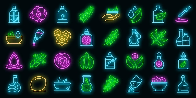 Etherische oliën pictogrammen instellen. overzicht set van etherische oliën vector iconen neon kleur op zwart