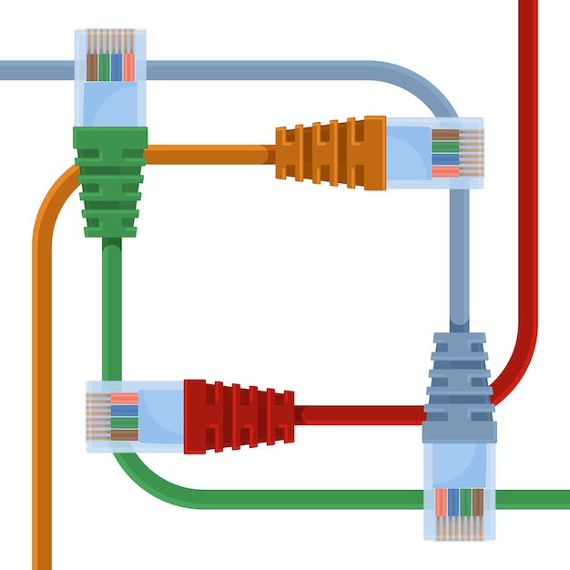 Ethernetkabels in verschillende kleuren met lange draden en plastic mondstukken.