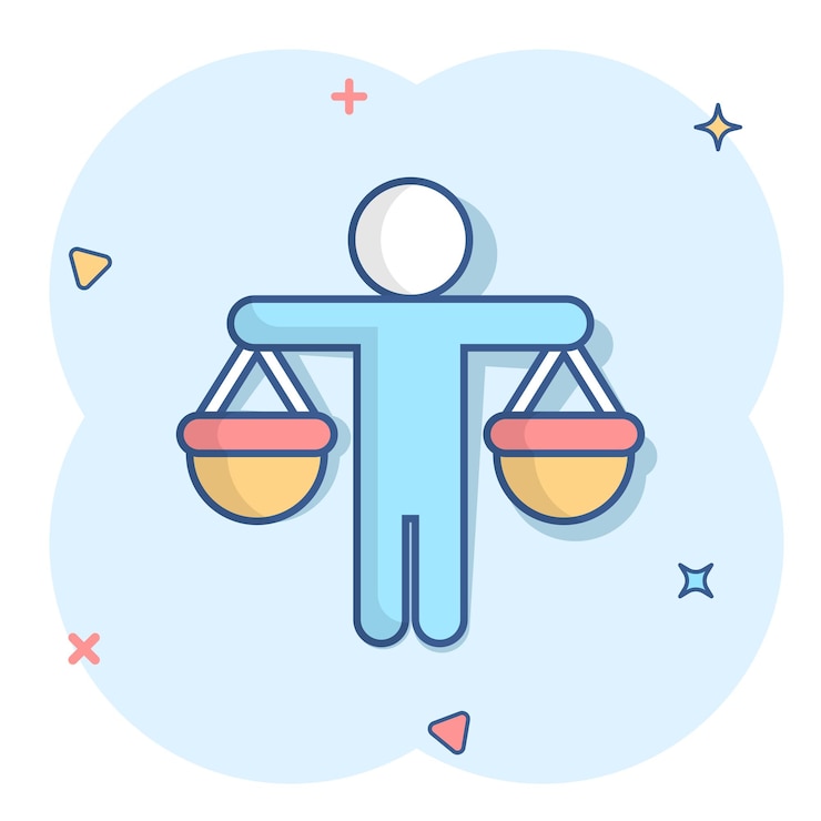 Vector ethic balance icon in comic style honesty cartoon vector illustration on isolated background decision splash effect business concept
