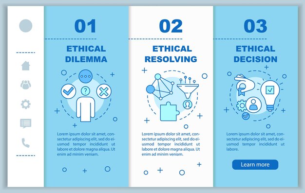 ethical dilemma resolving onboarding mobile web pages vector template. responsive smartphone website interface idea with linear illustrations. webpage walkthrough step screens. color concept