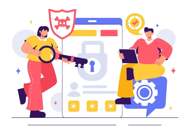 Vector ethical hacking illustration featuring a developer practicing hacking on a web application identifying code vulnerabilities to improve cybersecurity