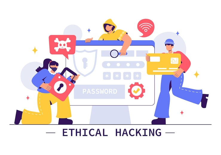 Vector ethical hacking illustration featuring a developer practicing hacking on a web application identifying code vulnerabilities to improve cybersecurity