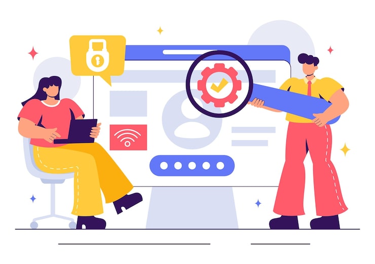 Vector ethical hacking illustration featuring a developer practicing hacking on a web application identifying code vulnerabilities to improve cybersecurity