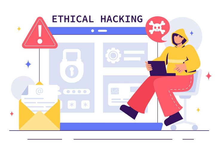 Vector ethical hacking illustration featuring a developer practicing hacking on a web application identifying code vulnerabilities to improve cybersecurity