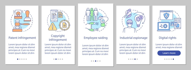 Ethical issues onboarding mobile app page screen vector template. Copyright infringement, digital rights. Walkthrough website steps with linear illustrations. UX, UI, GUI smartphone interface concept