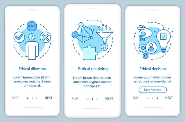 Modello vettoriale dello schermo della pagina dell'app mobile per la risoluzione etica dell'onboarding. dilemma etico, decisione morale. procedura dettagliata del sito web con illustrazioni lineari. concetto di interfaccia per smartphone ux, ui, gui