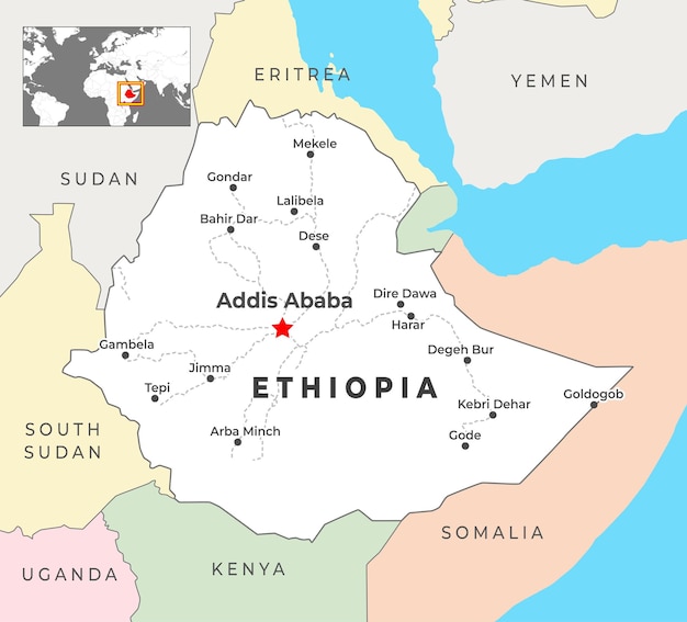 Ethiopia 3d map with borders of regions and its capital