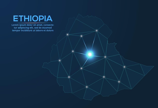 Mappa della rete di comunicazione dell'etiopia immagine vettoriale low poly di una mappa globale con luci a forma di città mappa a forma di costellazione muta e stelle