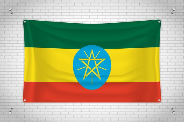 Ethiopia flag hanging on brick wall. 3D drawing. Flag attached to the wall. Neatly drawing in groups