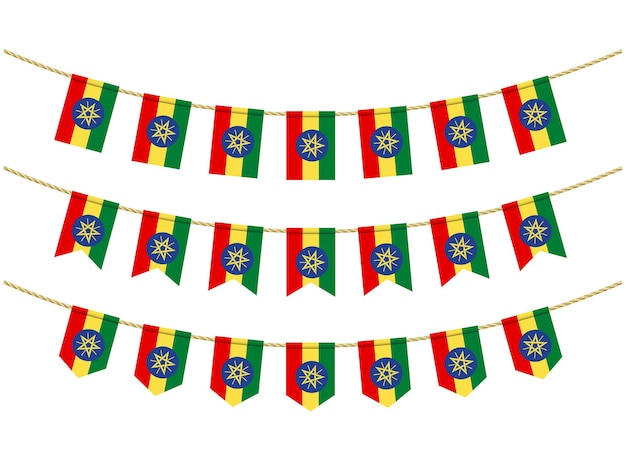 흰색 바탕에 밧줄에 에티오피아 플래그입니다. 애국적인 깃발 천 플래그의 집합입니다. 에티오피아 국기의 멧새 장식