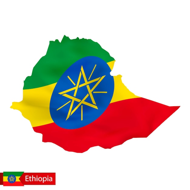 Ethiopia map with waving flag of country