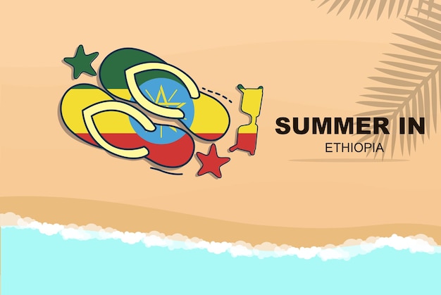 Ethiopia summer holiday vector banner beach vacation flip flops sunglasses starfish on sand