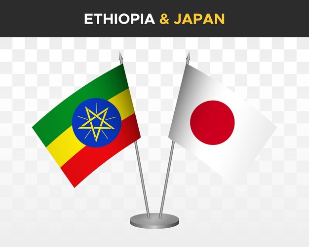 Ethiopia vs japan desk flags mockup isolated 3d vector illustration table flags