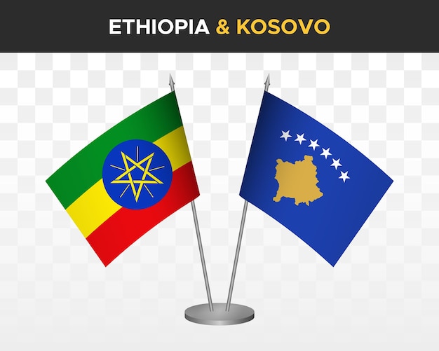 Etiopia vs kosova kosovo desk flag mockup isolato 3d illustrazione vettoriale bandiere da tavolo