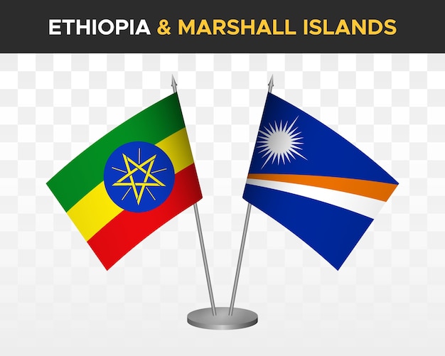 Макет настольных флагов Эфиопии и Маршалловых островов, изолированные трехмерные векторные иллюстрации, флаги таблицы