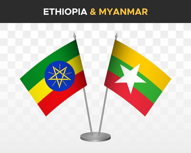 Ethiopia vs myanmar burma desk flags mockup isolated 3d vector illustration table flags