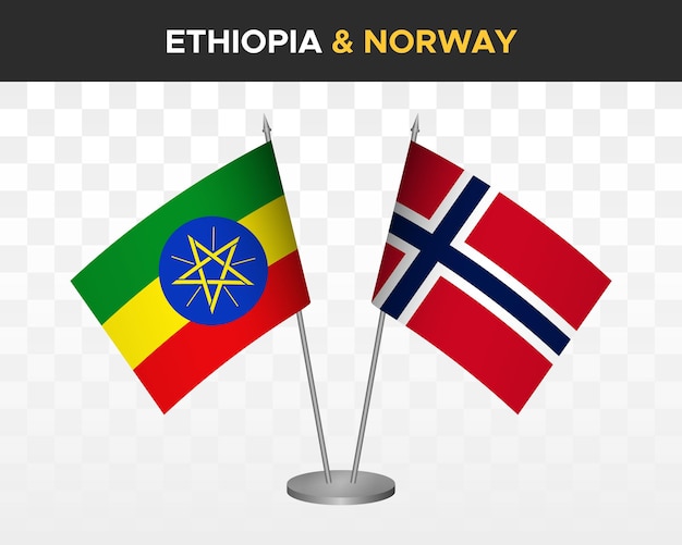 Bandiere da scrivania etiopia vs norvegia mockup isolate 3d illustrazione vettoriale bandiere da tavolo