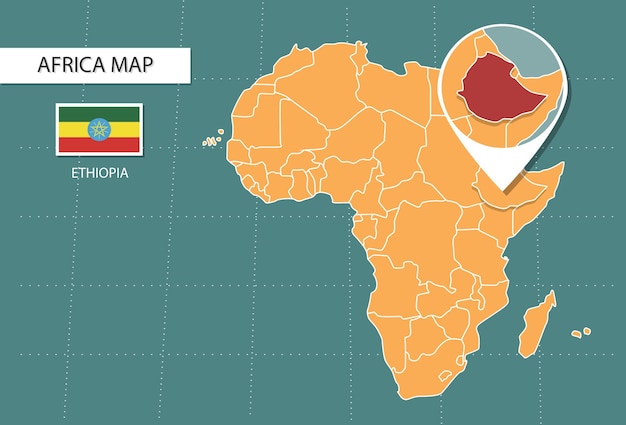 Vector ethiopië kaart in afrika zoom versie iconen met ethiopië locatie en vlaggen