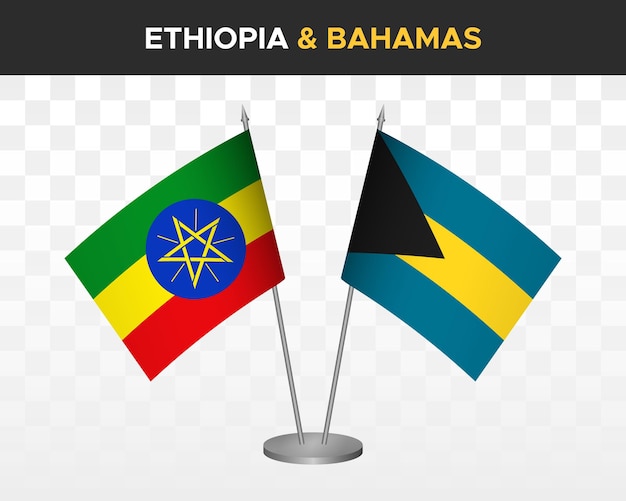 Ethiopië vs Bahama's Bureau vlaggen mockup geïsoleerde 3d vector illustratie tafelvlaggen