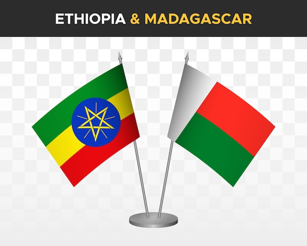 Vector ethiopië vs madagaskar bureau vlaggen mockup geïsoleerde 3d vector illustratie tafel vlaggen