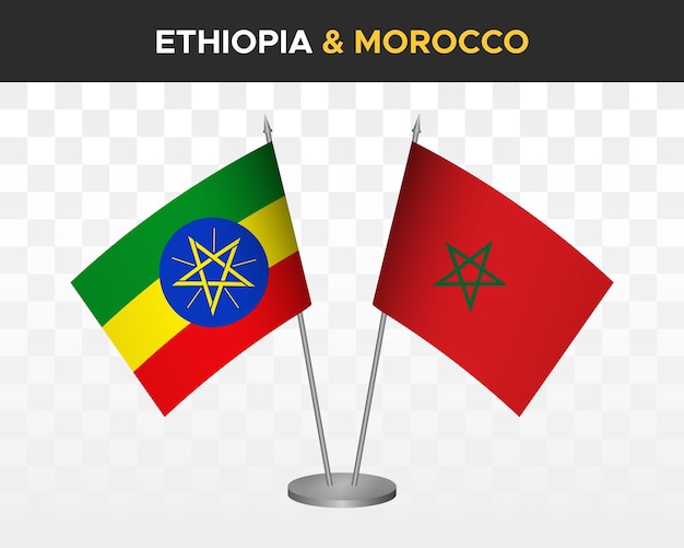 Ethiopië vs Marokko Bureauvlaggen mockup geïsoleerde 3d vector illustratie tafelvlaggen