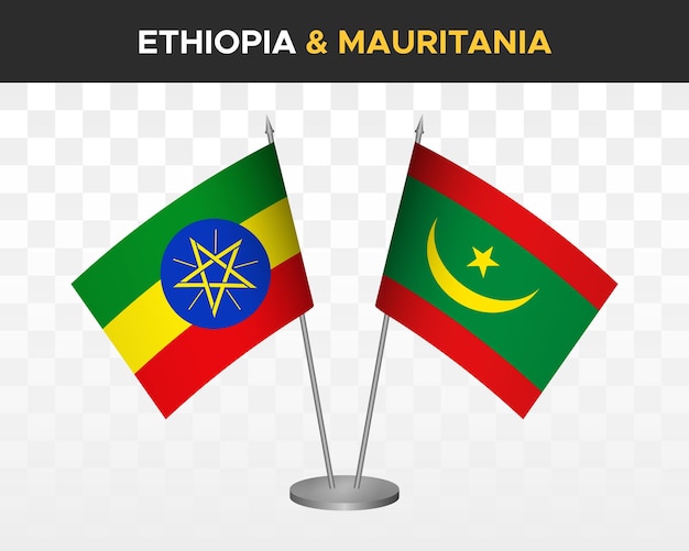 Ethiopië vs Mauritanië Bureau vlaggen mockup geïsoleerde 3d vector illustratie tafel vlaggen