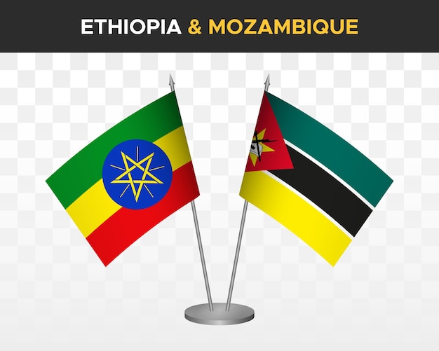 Ethiopië vs Mozambique Bureau vlaggen mockup geïsoleerde 3d vector illustratie tafel vlaggen