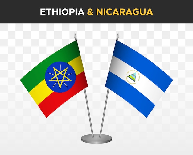 Ethiopië vs Nicaragua Bureau vlaggen mockup geïsoleerde 3d vector illustratie tafelvlaggen