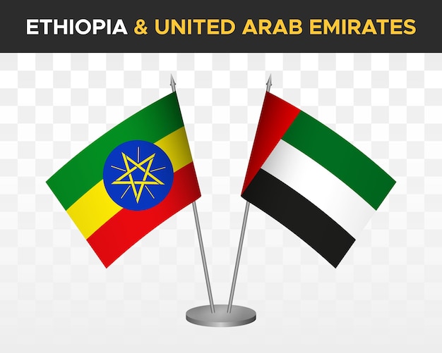 Ethiopië vs vae verenigde arabische emiraten bureau vlaggen mockup geïsoleerde 3d vector illustratie tafel vlaggen