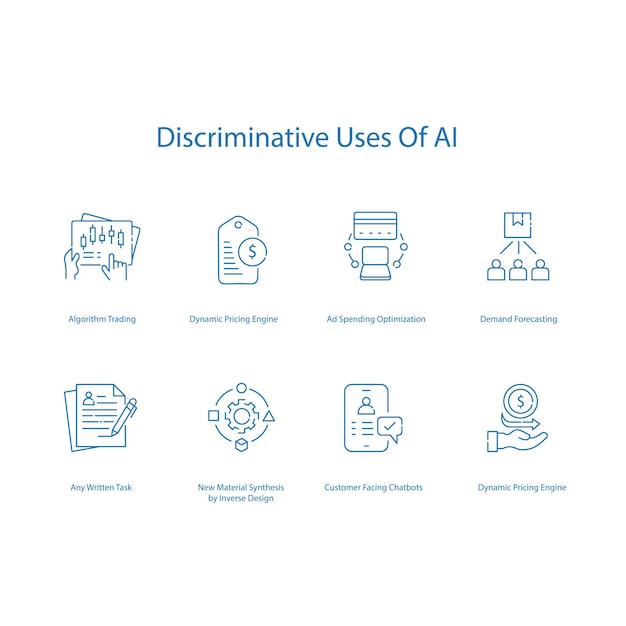 Ethische AI-discriminatievector-iconen die vooroordelen in technologie aanpakken