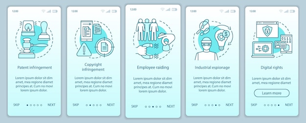Ethische problemen bij het onboarding van mobiele app-paginaschermvectorsjabloon. Octrooi-inbreuk, digitale rechten. Doorloop websitestappen met lineaire illustraties. UX, UI, GUI smartphone-interfaceconcept