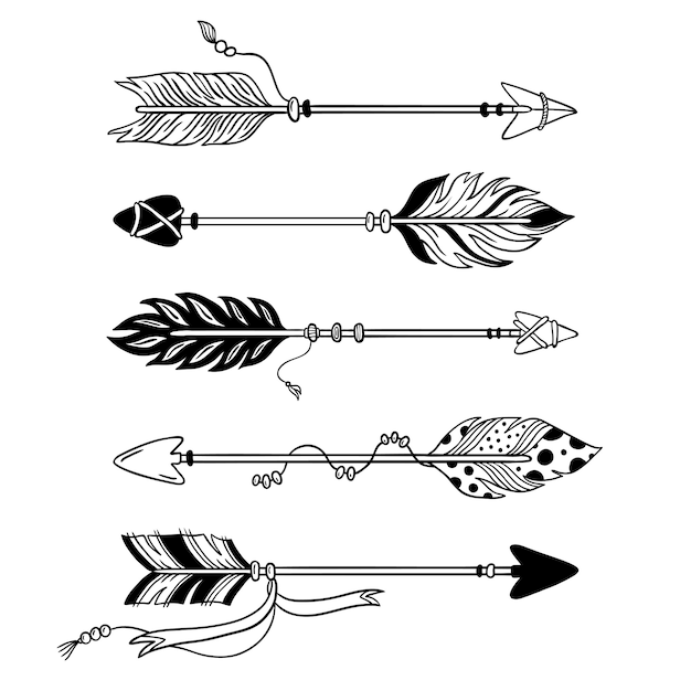 Ethnic arrows. Hand drawn feather arrow, tribal feathers on pointer and decorative boho bow isolated  set