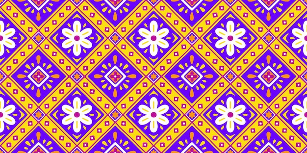 Vector ethnic background cute yellow violet daisy flower geometric tribal motif oriental native pattern