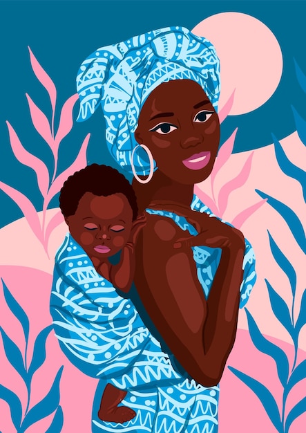 아프리카 여성, 어머니와 자식 벡터 포스터와 민족 배경