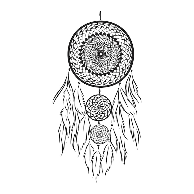 Ethnic boho dream catcher with feathers. american indian symbol in sketch style. vector illustration isolated on white background. hand drawn. dreamcatcher vector sketch